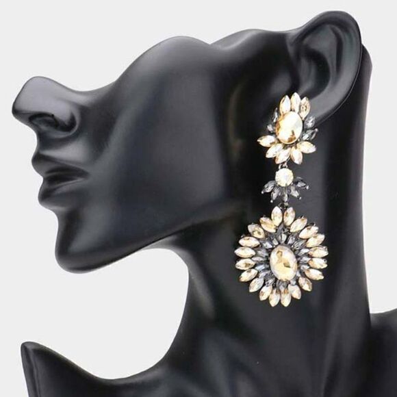 Floral Marquise Black Diamond, Lt Col Topaz Stone Cluster Evening Earrings - Picture 1 of 5
